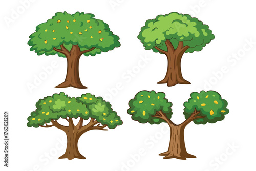 Arboreal Diversity: A vibrant collection of stylized trees showcases various forms, each adorned with lush foliage and a sturdy trunk. A celebration of natural artistry.