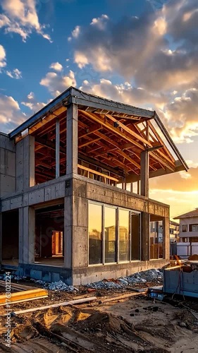 A modern house under construction at golden hour, showing concrete walls, wooden roof framing, and reflective windows