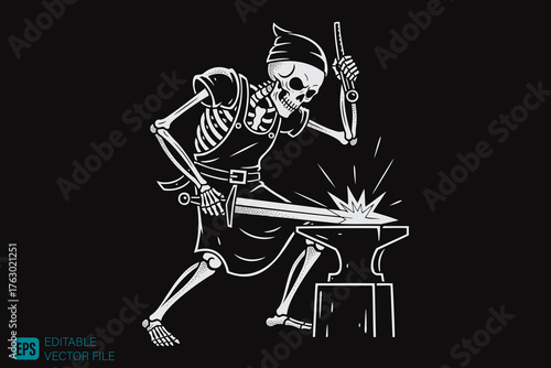 Skeleton Blacksmith Forging a Sword on an Anvil.