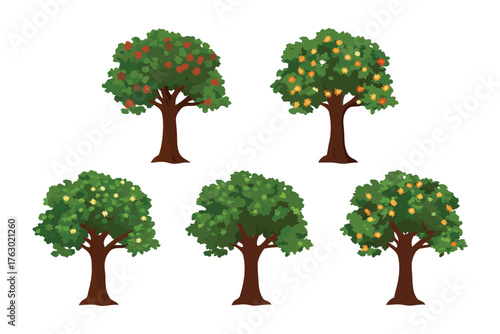 Five Fruit Trees: A vibrant collection of five fruit-bearing trees, each laden with colorful, ripe fruit, showcases the diversity and abundance of nature's bounty.