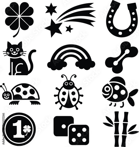 Collection of black lucky charms and symbols on white background four leaf clover shooting stars