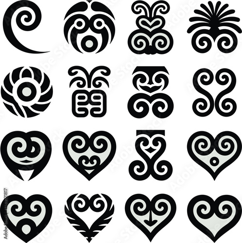 Collection of sixteen black and white Adinkra symbols and tribal motifs african symbols
