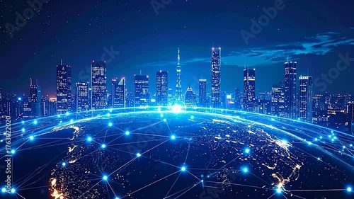 A futuristic cityscape looms over a glowing global network on a dark Earth at night under a starry sky