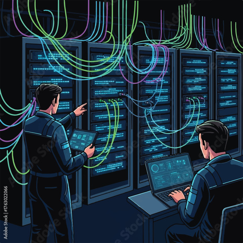Digital Architects: Two individuals focused on data management and network configuration, working within a modern data center, managing the flow of data.
