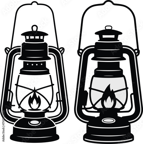 Two black and white kerosene lanterns with flames kerosene lamp oil lamp