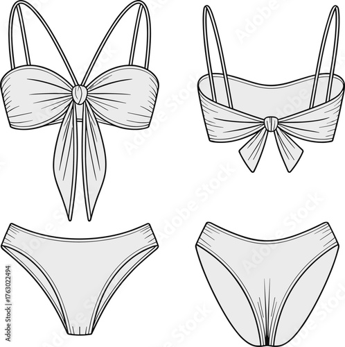 Bikini sketch, fashion cad drawing, flat vector illustration, knot detail, draped fabric, front and back view, swimwear design, summer style