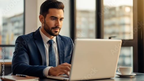 Businessman in suit types on laptop, with coffee and notebook on desk