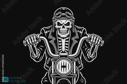 Skull Biker Riding Motorcycle in Classic Leather Jacket and Gogg