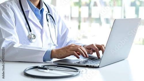 Healthcare worker in white lab coat using a laptop, with a stethoscope visible on a clean desk