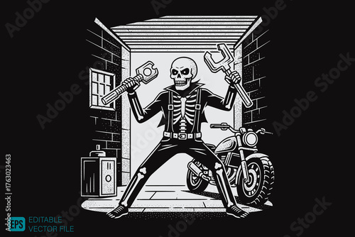 Skeleton Mechanic Holding Wrenches in a Garage with a Motorcycle