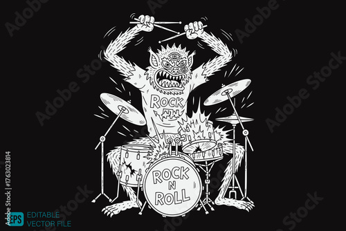 Furry Monster Drummer Rock and Roll Music Performance.