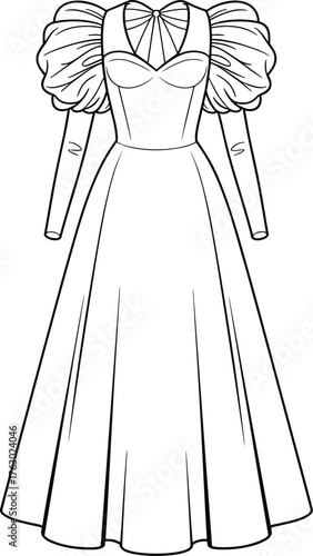Formal dress sketch, fashion cad drawing, flat vector illustration, puff sleeve, sweetheart neckline, full skirt, elegant silhouette, garment design