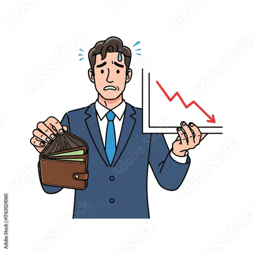 Financial Downturn: A concerned professional, visibly stressed, examines his empty wallet while observing a downward trending graph, representing financial struggles and economic uncertainty.