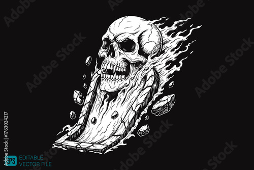 Monochrome Skull with Fiery Trail and Debris Vector Illustration
