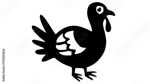 Detailed black and white illustration of a turkey in side profile with its tail feathers fully fanned out