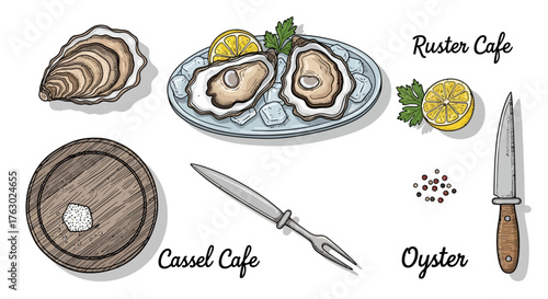 A delightful illustration showcasing fresh oysters served on ice with lemon wedges, accompanied by a shucking knife, fork, and peppercorns, suggesting a gourmet dining experience.