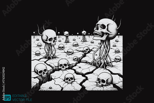 A field of skulls emerging from cracked earth, a macabre and uns