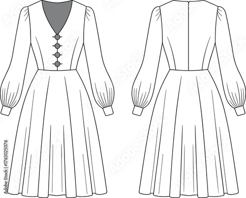 Pleated dress, front and back view, technical flat sketch, fashion cad, vector illustration, bishop sleeve, garment construction, apparel template