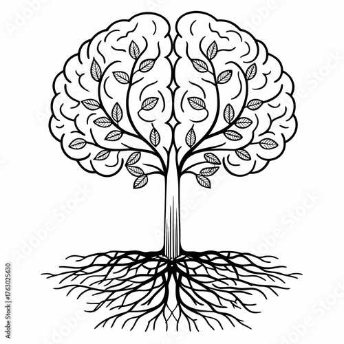 Abstract black vector tree silhouette with roots, branch, and leaf is a nature symbol illustration for life and season design art