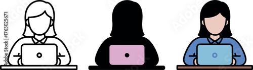 Woman working on laptop icon set illustration for various business concepts and design purposes