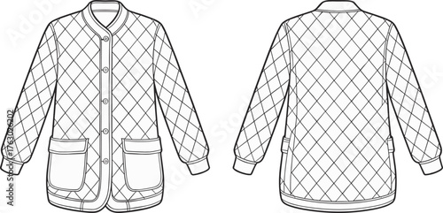 Quilted jacket, front and back view, technical flat sketch, fashion cad, vector illustration, outerwear design, garment construction, apparel template