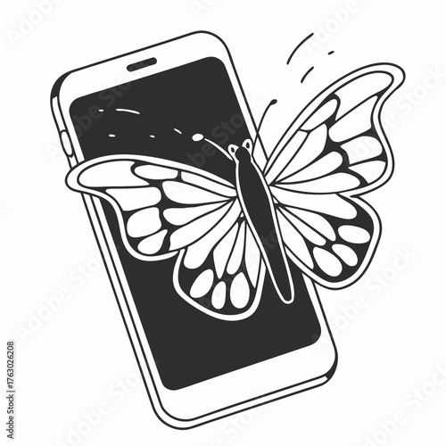 Digital vector illustration of a butterfly on a smartphone screen, symbolizing nature's delicate interaction with technology