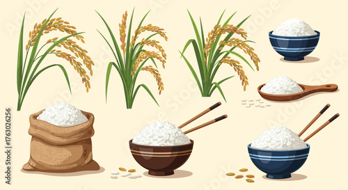 Illustration of rice plants with grains and cooked rice in bowls and a sack on a light background .