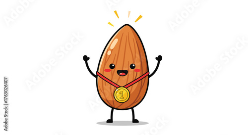 Cartoon almond character wearing a gold medal with number one and raising arms in celebration pose .