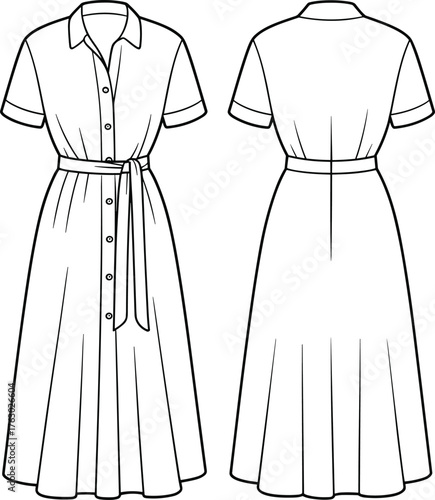 Front and back button down dress CAD technical drawing, shirt dress fashion flat sketch, women apparel vector template, elegant clothing illustration