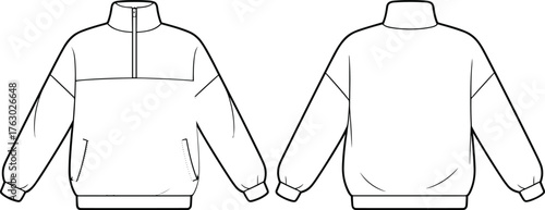 Front and back pullover jacket CAD technical drawing, fashion flat sketch, half zip sweatshirt vector template, unisex apparel design illustration