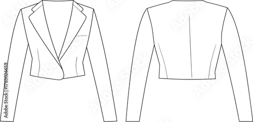 Front and back women blazer CAD technical drawing, jacket fashion flat sketch, apparel design vector template, formal clothing illustration, garment outline