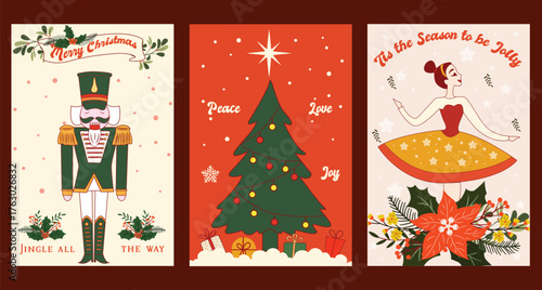 Retro Christmas Cards Set, Vector Illustration.