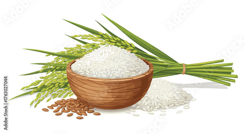 A wooden bowl filled with white rice grains and rice stalks on a white background illustration .