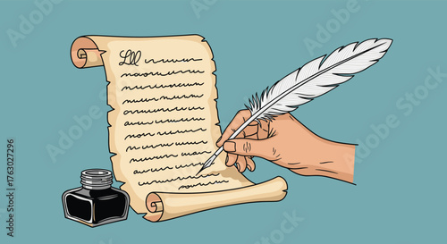 A hand writing on a scroll with a quill pen next to an inkwell on a blue background illustration .