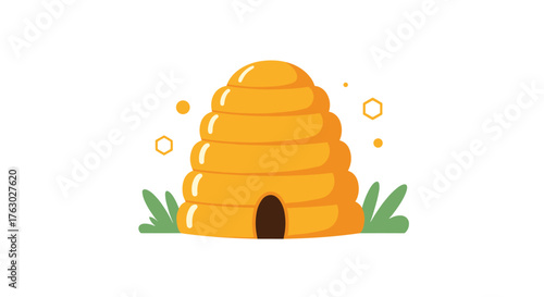 A cartoon beehive with a dark brown entrance surrounded by green grass on a white background scene .