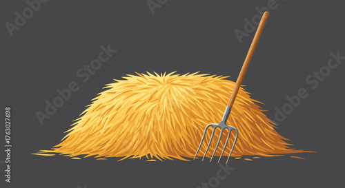 A haystack with a pitchfork leaning against it on a gray background in a cartoon illustration style .