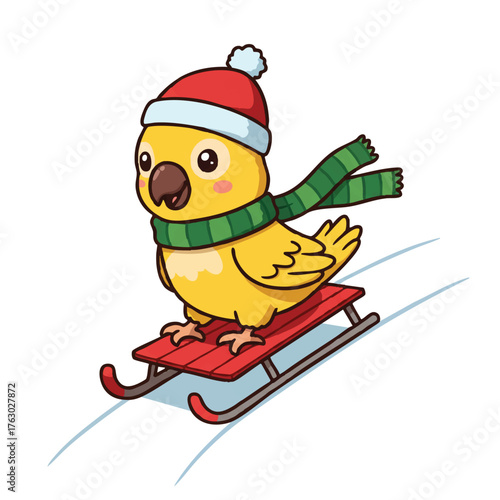 A cheerful yellow parrot vector illustration, dressed in a cozy matching winter hat and scarf, happily sliding down a gentle white slope on a vibrant red sled, presented in a clean, flat 2D style.