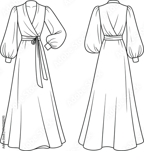 Wrap dress, front and back view, technical flat sketch, fashion cad, vector illustration, bishop sleeve, garment construction, apparel template