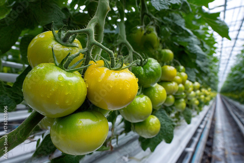 Wallpaper Mural Green unripe tomatoes growing in greenhouse, Tomato plants in greenhouse Green tomatoes plantation. Green and unripe tomatoes hang on plant. Tomato cultivation, Green tomato plants in greenhouse Torontodigital.ca