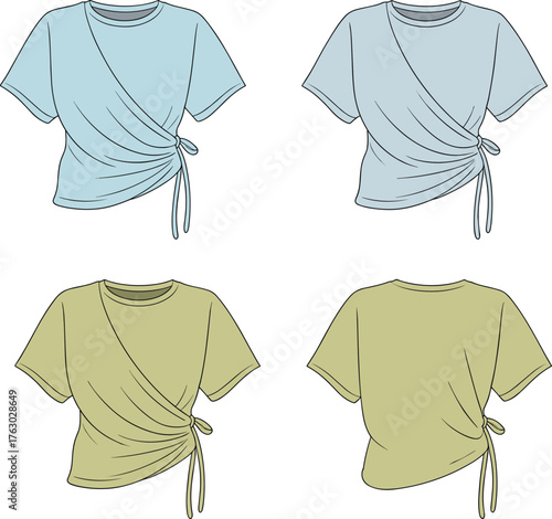 Wrap top, front and back view, technical flat sketch, fashion cad, vector illustration, ruched side tie, garment construction, apparel template