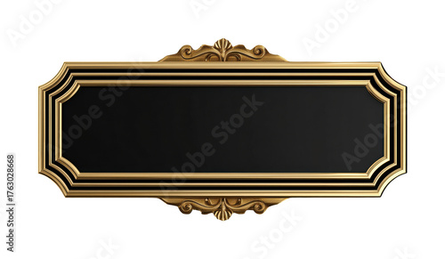 Elegant black nameplate with ornate golden decorative border, isolated on transparent background