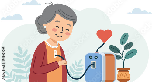 Elderly woman using home oxygen therapy device with heart symbol and plant