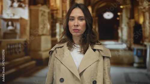 Wallpaper Mural Young hispanic woman in a beige coat stands indoors in a church setting with an expression of contemplation. Torontodigital.ca