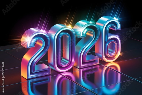 Neon glowing new year celebration sign at night 2026 year