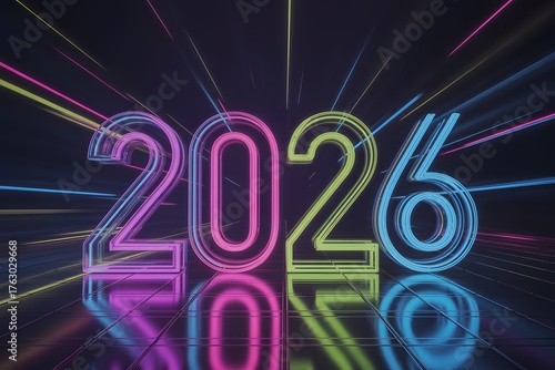 Neon glowing new year celebration sign at night 2026 year