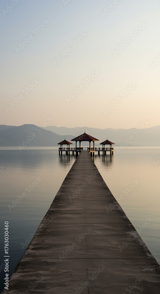 Fototapeta premium Serene Pier extending into tranquil water with gazebo under a clear sky