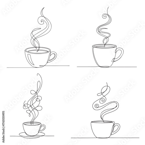 Minimalist Coffee Cup Line Art Set – Elegant Continuous Line Drawing of Hot Coffee Mugs with Steam