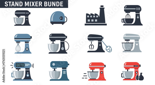 A collection of twelve flat vector illustrations depicting various stand mixers, a toaster, and a factory, presented in a grid layout.
