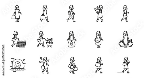 A collection of simple line art illustrations depicting women engaged in various shopping activities, carrying bags, baskets, and flowers.