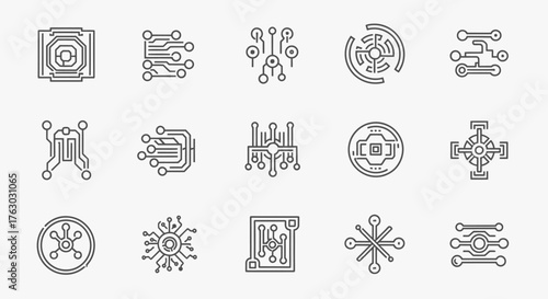 A set of fifteen black line art icons depicting electronic circuit boards, processors, and abstract technology symbols on a white background.